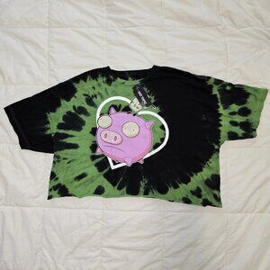 Invader Zim GIR Pig Tie-Dye Crop T-Shirt Sz L Black And Green